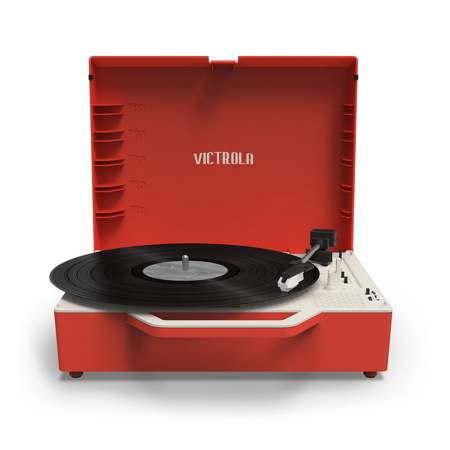 Victrola VSC-725SB Re-Spin Sustainable Three-Speed Suitcase Turntable, Bluetooth Poinsetta Red